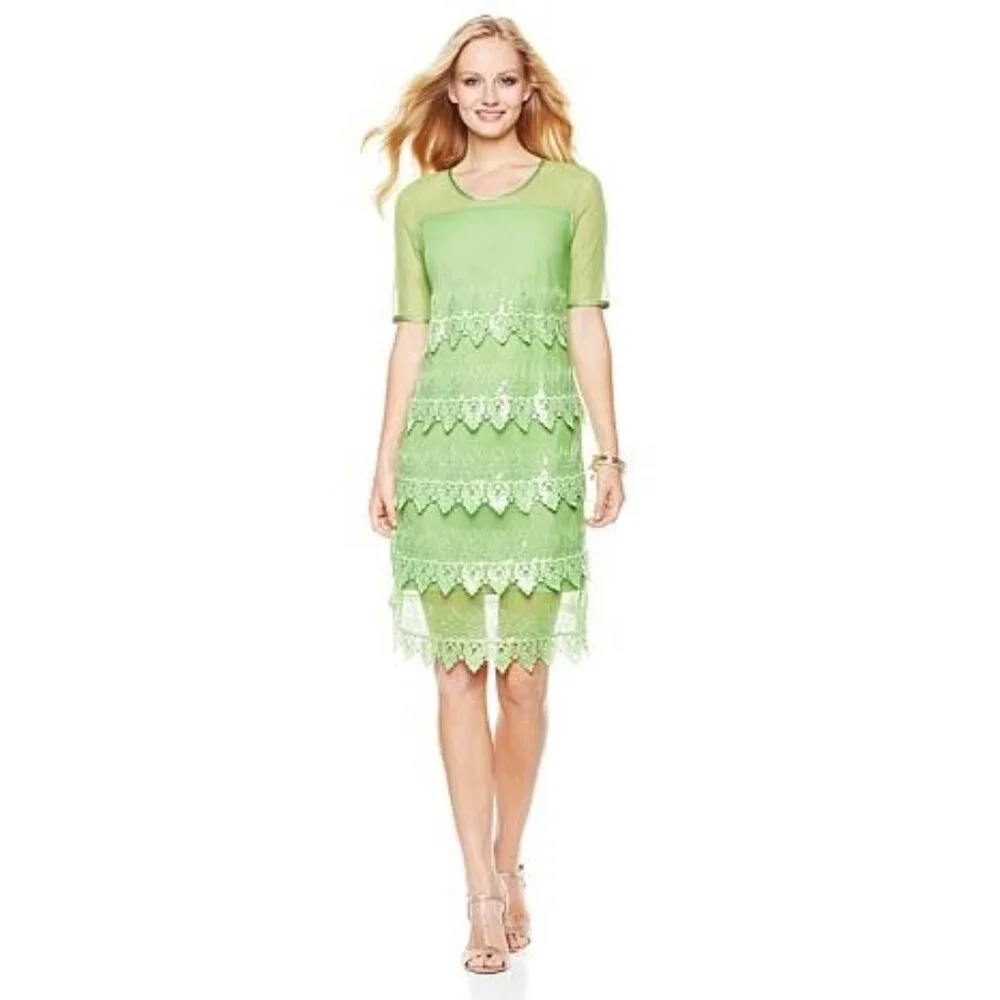 Badgley Mischka Green Sheer Lace Tiered Sequins Cocktail Dress LARGE NWT $145 - Picture 2 of 16